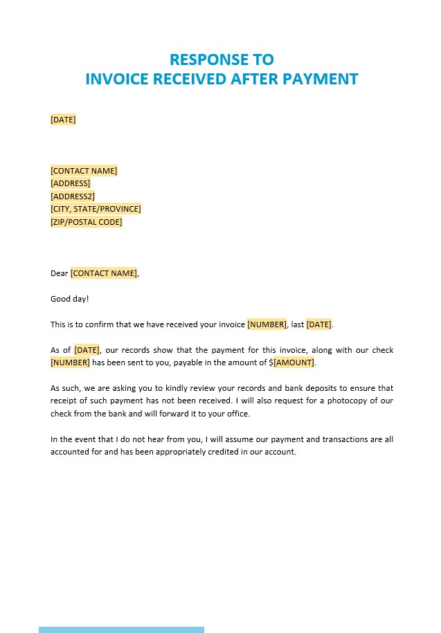 Free Response to Invoice Received after Payment Template PSD template